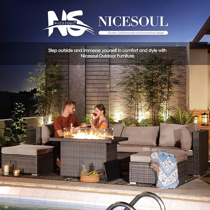 NICESOUL 6 Seats Modern Outdoor Furniture Set with Firepits Natural Gas/Propane, Extra Large Wicker Patio Sofa Sectionals for Outside, 29.3'' High Backrest Modular Deep Seated Conversations, Gray
