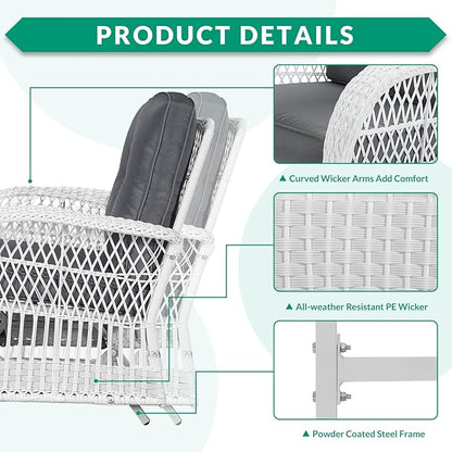 VIVIJASON 2-Piece Outdoor White Wicker Glider Rocking Chair, Patio Rattan Swing Glider Chairs with Cushions & Steel Frame, All-Weather Gliding Lawn Wicker Furniture for Garden Backyard Porch, Grey