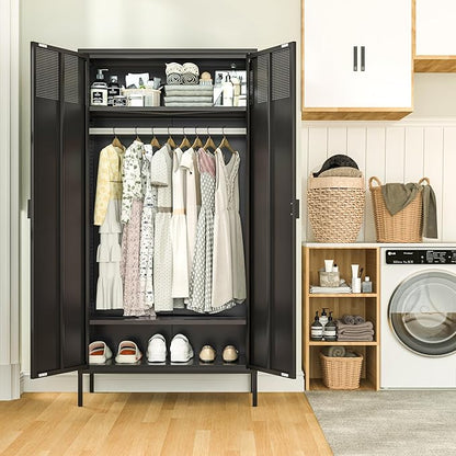 71 Inches Black Metal Wardrobe Cabinet with Hanging Rod, Metal Armoire Wardrobe Closet with Doors for Bedroom, Office, Laundry Room and Changing Room, Metal Locker Cabinet