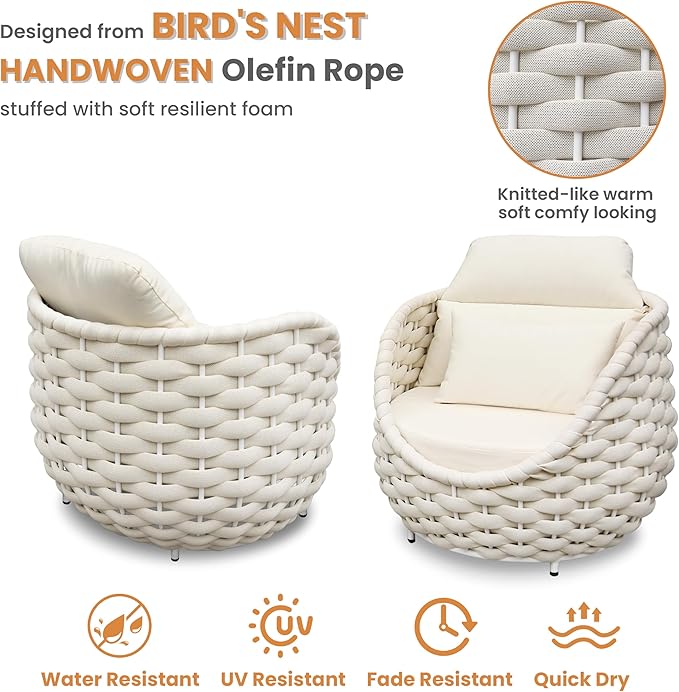 Woven Rope Patio Furniture Set: 5 Pieces Aluminum Outdoor Conversation Sofa Set All Weather - Cushioned Modern Deck Couch Set Assembled for 400lbs Front Porch Garden Lanai Sunroom Hotel, Beige