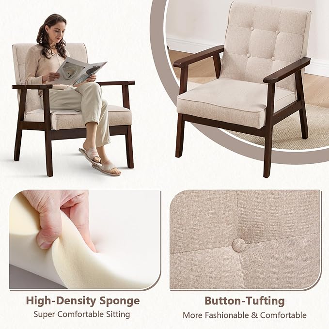 ANJ Mid Century Modern Accent Chairs Set of 2, Tufted Fabric Armchair with Solid Wood Frame, Comfy Retro Side Chair Reading Chair for Living Room, Bedroom，Beige