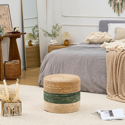 Wimarsbon 18'' Ottoman Pouf, Natural Braided Poof, Rustic Handweave Lounge Pouffe, Boho Footrest Stool for Bedroom, Accent Table for Living Room (18inch Natural Cattail + Green Corn Husk)