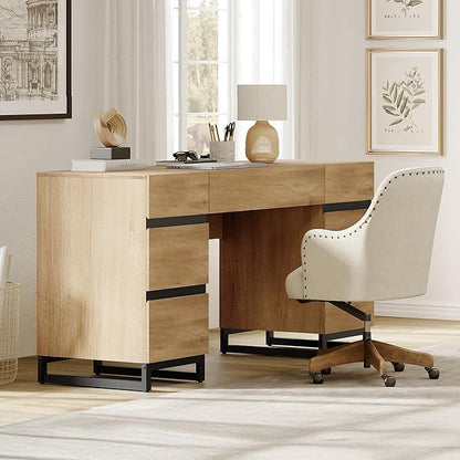 WAMPAT 59" Modern Executive Desk with Drawers, Wood Computer Writing Desk with Charging Station, Office Desk with File Drawer, Study Table for Bedroom, Living Room, Home Office, Oak