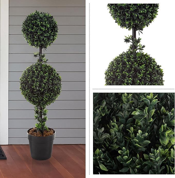 Artificial Topiary Tree - 36-Inch Double Ball Podocarpus Fake Plant - Realistic Indoor or Outdoor Potted Faux Plants for Home Decor by Pure Garden