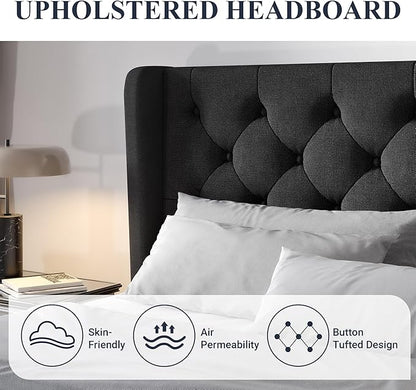 Allewie Queen Size Bed Frame with Button Tufted Wingback Headboard, Modern Upholstered Bed Frame with Solid Wooden Slats Support - No Box Spring Needed, Easy Assembly, Black