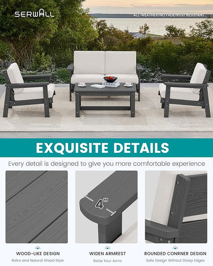 SERWALL HDPE Patio Furniture Set with 15FT Double Side Patio Umbrella, All Weather Wood-Like Outdoor Sofa Sectional Couch, Grey Patio Furniture with Khaki Cushions