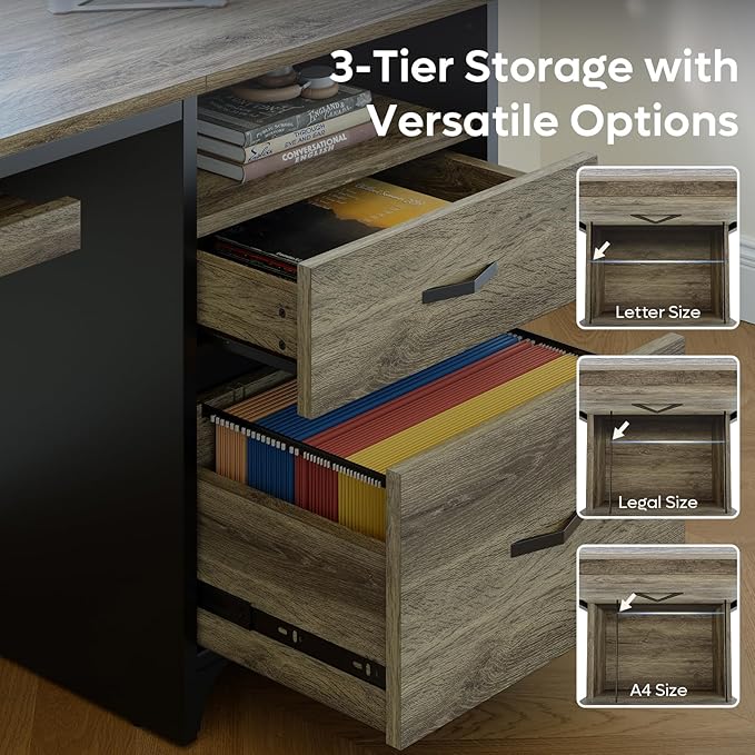 Bestier Office Desk with Drawers, 55 inch Industrial Computer Desk with Storage, Wood Teacher Desk with Keyboard Tray & File Drawer for Home Office, Dark Gray Oak