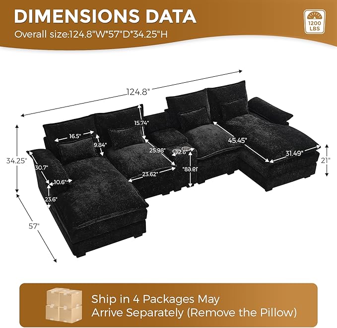 HYJT-H&K 124" U Shaped Cloud Couch Sectional, Comfy Fluffy Chenille Black Sectional Couches for Living Room, Modern Modular Sectionals Sofa with Central Console Double Chaise Lounge Black