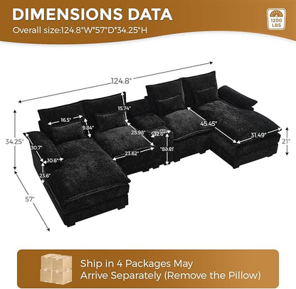 HYJT-H&K 124" U Shaped Cloud Couch Sectional, Comfy Fluffy Chenille Black Sectional Couches for Living Room, Modern Modular Sectionals Sofa with Central Console Double Chaise Lounge Black