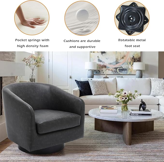 Lumibee Swivel Accent Chairs Set of 2, Faux Leather Swivel Barrel Chairs for Living Room, Modern Comfy Upholstered Round Armchairs Single Sofa Chairs for Bedroom, Club-Black