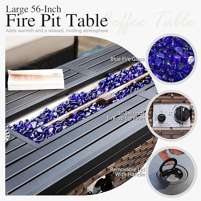 Sophia & William Patio Furniture Set with Fire Pit Table, 6 PCS Metal Outdoor Conversation Set with Fire Pit Table, 2 Sofa Chairs,2 Ottoman, 3-Seater Couch for Outdoor Seating, Backyard, Porch(Beige)