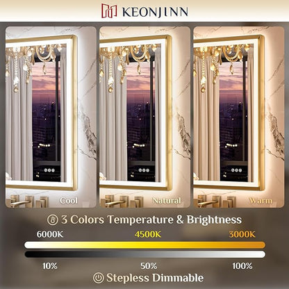 Keonjinn Gold LED Bathroom Mirror 48 x 30 Inch, Frontlit & Backlit Mirror with Metal Framed,Vanity Mirror with Stepless 3 Colors Lights, Anti Fog, UL-Listed LED Driver, HD Tempered Glass