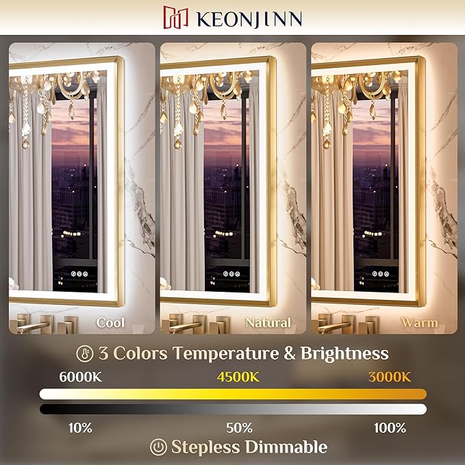 Keonjinn 72 x 36 Inch Bathroom Mirror with Frontlit & Backlit, Gold Metal Framed Beveled Edge Mirror, Large LED Mirror with Anti Fog for Wall, Stepless 3-Color Temperatures, UL-Listed Driver