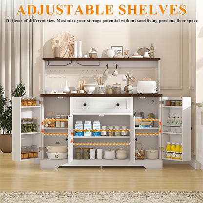 Hutch Storage Buffet Cabinet with Drawers, and Charging Station, Coffee Bar Cabinet with Barn Doors, Wine Rack and Hooks, White Wood Sideboard Buffet for Kitchen, Dining Room, 47.8" High