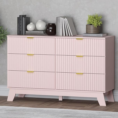 Fluted 6 Drawer Dresser, 47.2" Wide Modern Boho Chest of Drawers, Wooden Storage Dresser TV Stand for Bedroom, Living Room, Closet, Hallway, Curved Profile Design