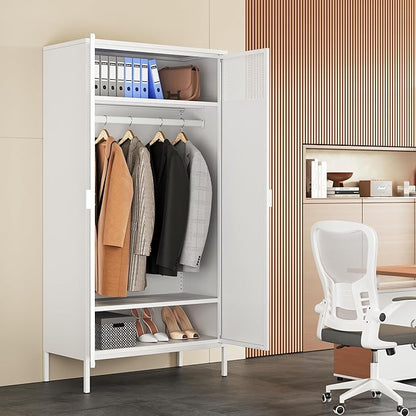 71 Inches White Metal Wardrobe Cabinet with Hanging Rod, Metal Armoire Wardrobe Closet with Doors for Bedroom, Office, Laundry Room and Changing Room, Metal Locker Cabinet