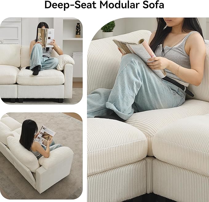 114'' V-Shaped Sectional Cloud Couch with Ottoman, 7-Seater Modular Couches for Living Room, Corduroy Oversized Deep Seat Sofa with Center Stitched, Beige