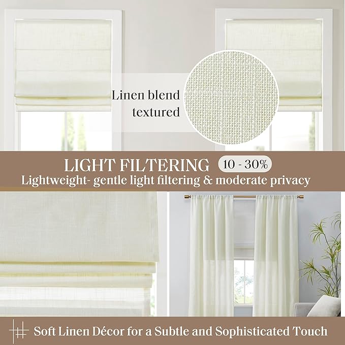 Madison Park Kyler Cordless Roman Shades - Single Panel, Lightweight Linen Blend Fabric, Natural Design, Easy Installation, Light Filtering Window Blind, Bedroom, Living Room Decor 35"W x 64"H Ivory