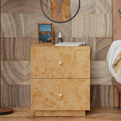 Modern 2 Drawer Nightstand with Elegant Burl Finish, Wood Bedside Table with Storage, Stylish Accent Side Table for Bedroom, Home Décor and Small Space Furniture