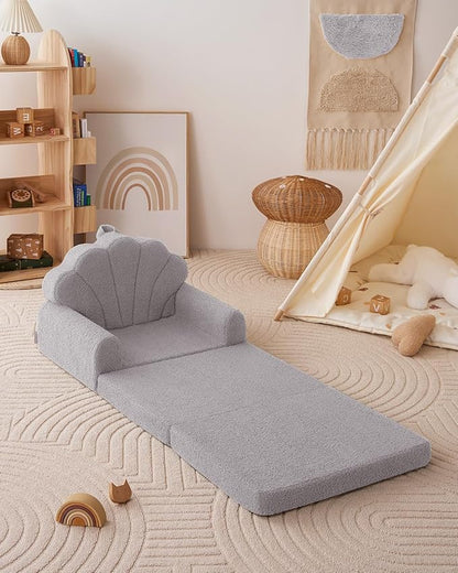 Blissful Diary Foldable Toddler Couch, 2-in-1 Comfy Toddler Chair & Lounger for Reading, Nap, Playroom, Kids Couch Sofa for 1 2 3+ Year Old Girls Boys Baby Birthday Gift, Gray Shell
