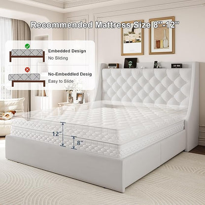 Queen Size Bed Frame with 4 Storage Drawers & Charging Station, Linen Upholstered Platform Bedframe, Button Tufted Wingback Headboard, Sturdy Wooden Slats, No Box Spring Needed, White
