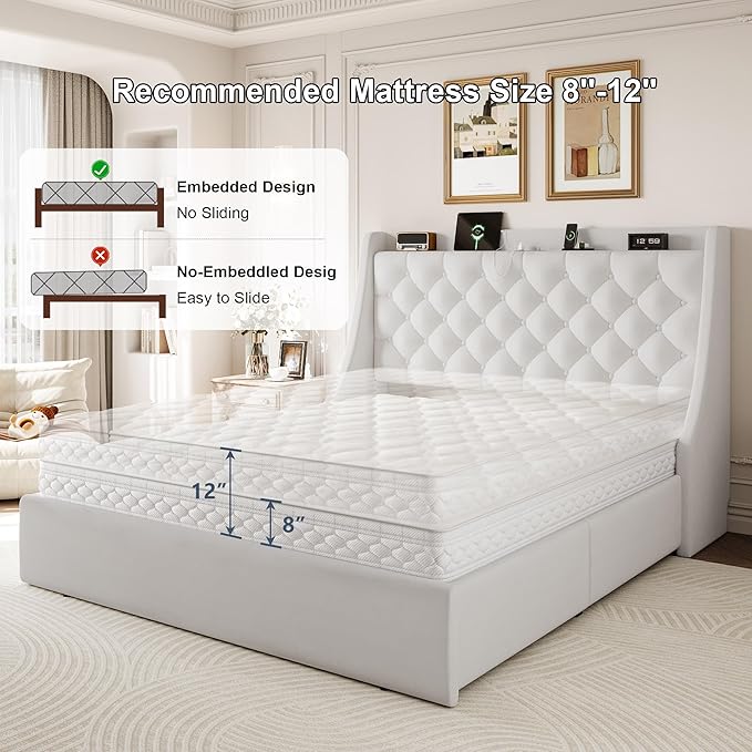 Full Size Upholstered Platform Bed Frame with 4 Storage Drawers and Charging Station, Linen Button Tufted Wingback Headboard, Sturdy Wooden Support Slats, No Box Spring Needed, White