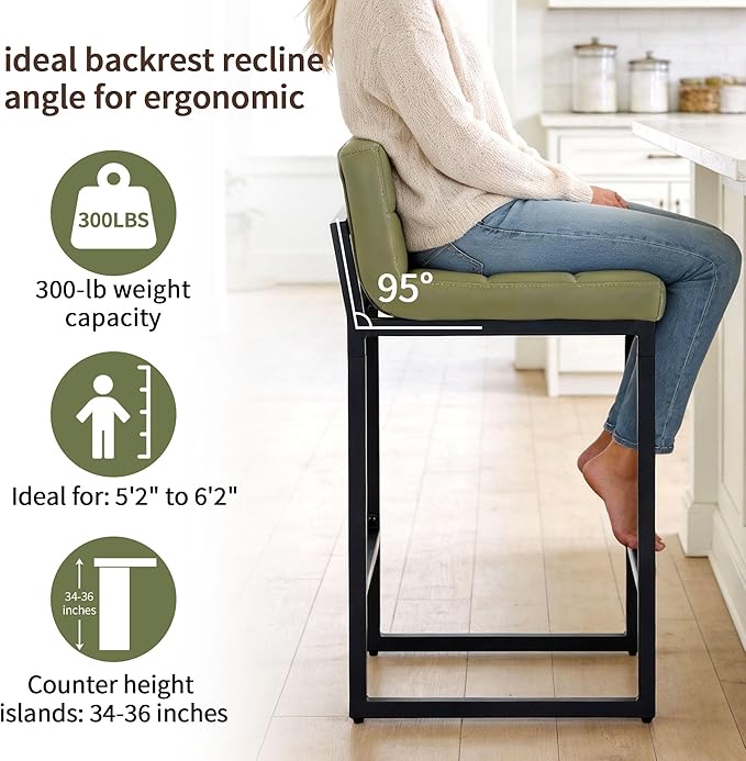 Counter Height Bar Stools Set of 2, Modern Faux Leather Counter Stools with Low Back and Footrest, Upholstered Bar Chairs for Kitchen Island, Bar, Counter (Avocado Green, 2Pcs 26" Bar Stools)