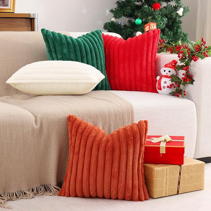 Pallene Faux Fur Plush Lumbar Christmas Throw Pillow Covers 12x20 Set of 2, Luxury Soft Fluffy Striped Decorative Pillow Covers for Sofa, Couch, Living Room, Christmas Green