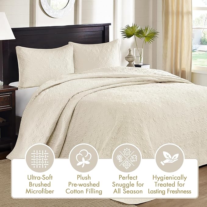 Madison Park Quebec Twin Size Quilt Bedding Set - Ivory , Damask – 2 Piece Bedding Quilt Coverlets – Ultra Soft Microfiber Bed Quilts Quilted Coverlet