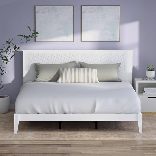 Serene Farmhouse Style Wood Bed in King Size with Chevron Scoring Headboard, Coastal Modern Design, Sturdy, Easy Assembly, Ample Underbed Storage, White Finish
