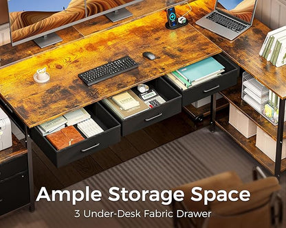 AODK L Shaped Desk with 5 File Drawers, 75" Reversible L Shaped Computer Desk with Power Outlet & LED Strip, Office Desk with Storage Shelves, Gaming Desk with Monitor Shelf, Corner Desk, Vintage