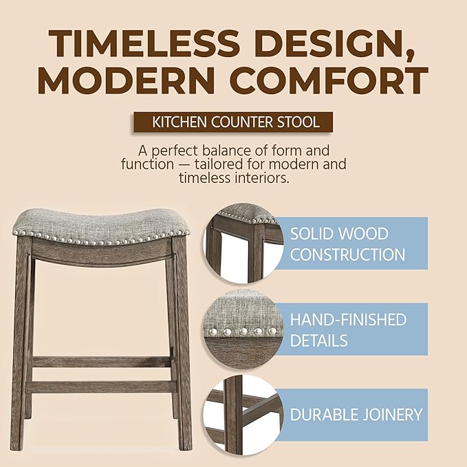 ROME + OAK Parker 26 Inch Counter Stool, Backless Saddle Kitchen Barstool in Walnut Finish with Grey Fabric Upholstery Cushion Seat