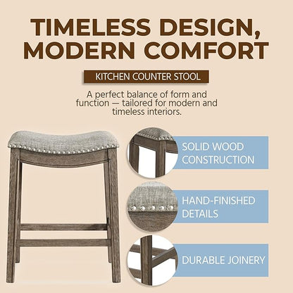 ROME + OAK Parker 26 Inch Counter Stool, Backless Saddle Kitchen Barstool in Walnut Finish with Grey Fabric Upholstery Cushion Seat