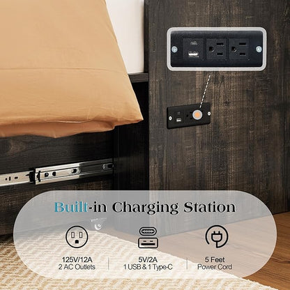Queen Murphy Bed with Storage and Charging Station, Farmhouse Cabinet Bed, Noise-Free, for Guest Room, Apartment, or Office, Black Oak