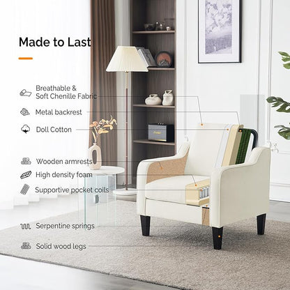 VINGLI Mid Century Modern Accent Chairs for Living Room, Cream White Comfy Reading Chair Soft Chenille Sofa Chairs Upholstered Side Armchair for Living Room, Bedroom, Apartment
