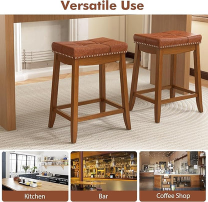 COSTWAY Saddle Bar Stools Set of 2, 25-Inch Counter Height Barstools w/PU Leather Seat, Solid Rubber Wood Frame, Footrest, Mid-Century Backless Counter Stools for Kitchen Island Home Bar