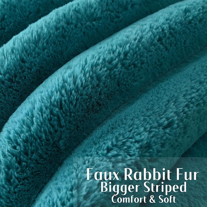FUTEI Teal Decorative Throw Pillow Covers 20x20 Inch Set of 2, Square Soft Faux Rabbit Fur Thick Striped Cushion Cover,Winter Home Decor for Couch Bed Living Room
