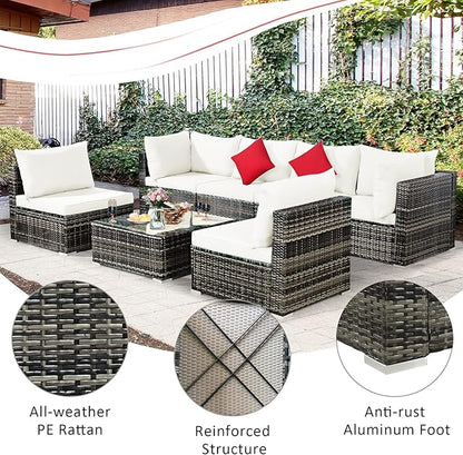 Tangkula 7 Pieces Patio Rattan Furniture Set, Patiojoy Outdoor Conversation Set with Cushions and Tempered Glass Coffee Table, All-Weather Sectional Sofa Set for Garden, Lawn, Backyard (White)