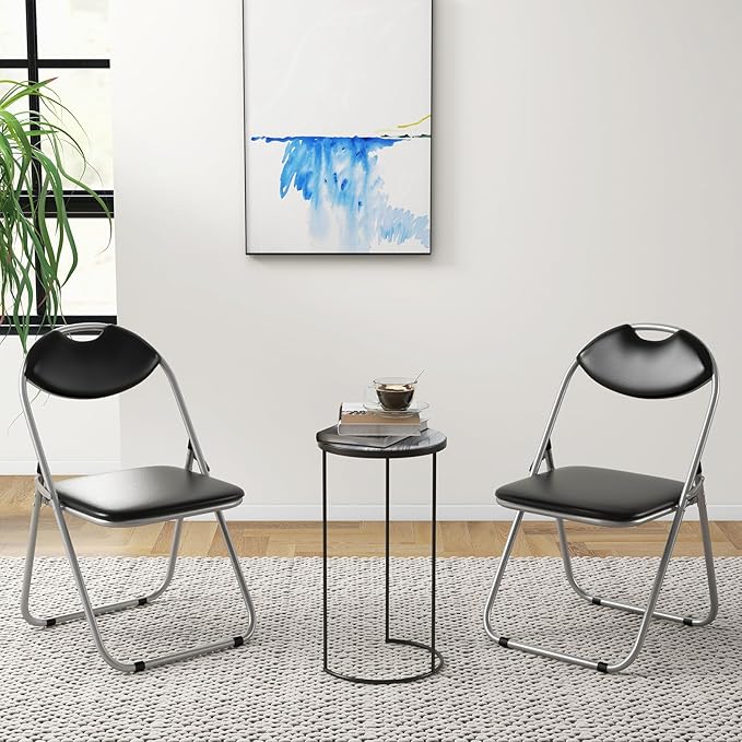 S AFSTAR Folding Chairs Set of 2, Metal Folding Chairs with Carrying Handles, Padded Seats, Non-Slip Foot Pads, Indoor & Outdoor Foldable Padded Chairs for Home Office Reception Room Church, Black