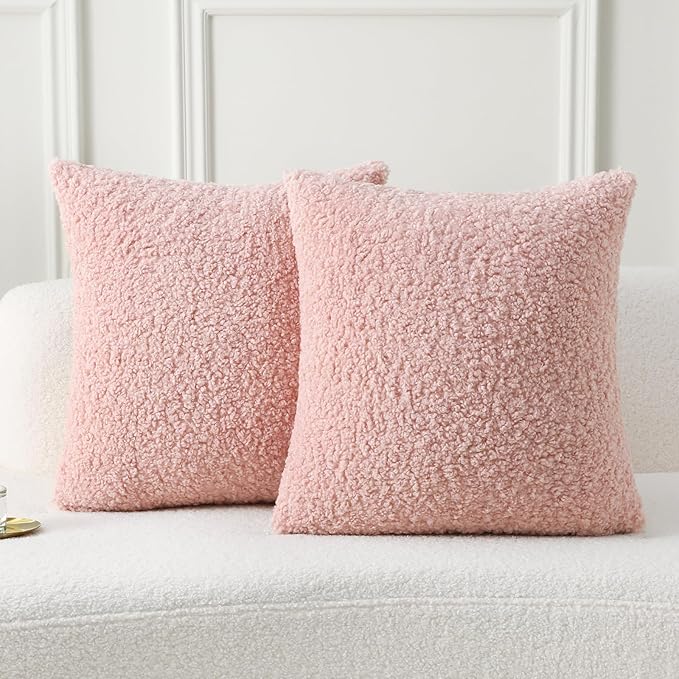 FUTEI Pink Throw Pillow Covers 26x26 Inch Set of 2,Furry Faux Fur Teddy Boucle Textured Cushion Covers,Soft Fluffy Decorative Euro Pillow Shams,Home Decor for Couch Bed Living Room Office Car