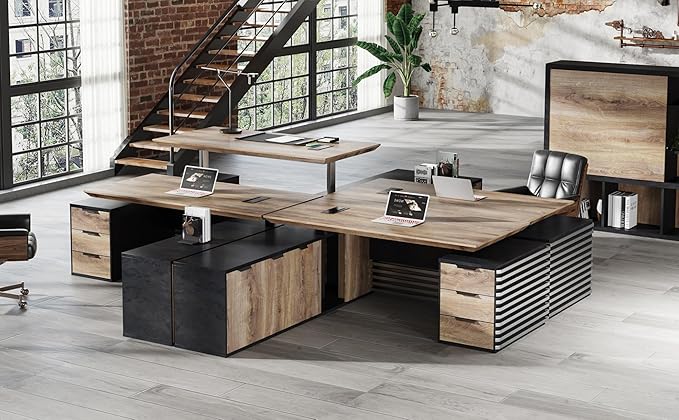 86.61" L Shaped Standing Executive Desk and 63" lateral File Cabinet, Large Adjustable Heigh Office Computer Desk with 3 Drawers,2.3" Desktop,Business Workstation,Black and Warm Oak