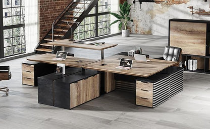 86.61" L Shaped Standing Executive Desk and 63" lateral File Cabinet, Large Adjustable Heigh Office Computer Desk with 3 Drawers,2.3" Desktop,Business Workstation,Black and Warm Oak