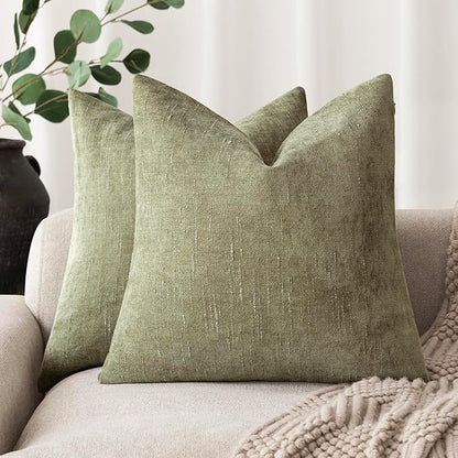 Foindtower Pack of 2 Soft Textured Chenille Throw Decorative Pillow Covers Square Accent Solid Cushion Cover Cozy Neutral Farmhouse Pillow Case for Couch Sofa Bedroom Living Room 20x20 Inch,Sage Green