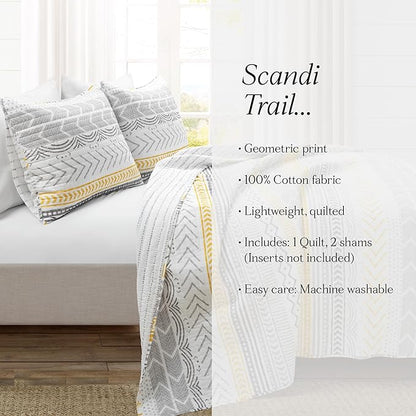 Lush Decor Hygge Geo Pattern Striped 3 Piece Quilt Bedding Set, Full/Queen, Yellow