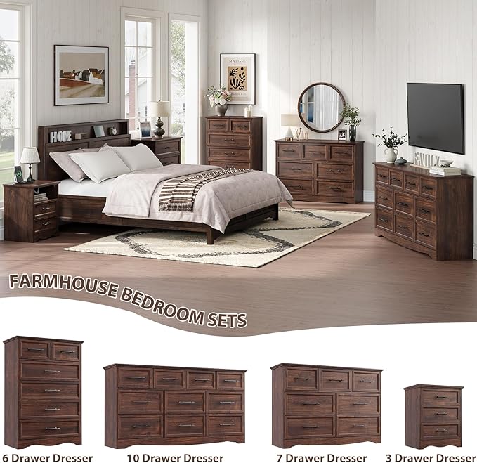 Walnut Nightstand with Charging Station, Farmhouse End Table with 2 Drawers and Open Shelf, Bedside Table with Space-Saving Storage Cabinet, Unique Base Design for Bedroom, Living Room