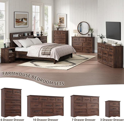 Walnut Nightstand with Charging Station, Farmhouse End Table with 2 Drawers and Open Shelf, Bedside Table with Space-Saving Storage Cabinet, Unique Base Design for Bedroom, Living Room