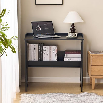 Folding Table with Storage Shelf,32.7 Inch Foldable Computer Desk for Small Spaces,Small Writing Desk for Bedroom Home Office Dorm and Apartment (Black)