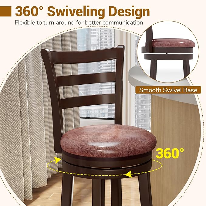 COSTWAY 26" Counter Height Stools Set of 4, Swivel High-Top Chairs with Backrest & Faux Leather Padded Seat, Rubber Wood Counter Barstools with Footrest for Kitchen, Dining Room, Pub (4,26'')