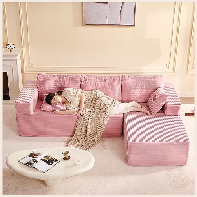 107" Boneless Couch with Deep Seat, Modular Sectional Sofa, Cloud Sectional Couch for Living Room, No Assembly Required, Corduroy, L-Shape Right，Pink
