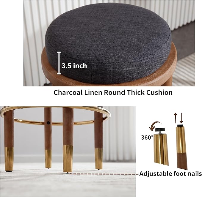 26'' Rustic Backless Bar Stools Set of 2, Counter Height Chairs With Hardwood Legs, Round Kitchen Island Stools, Farmhouse Charcoal Linen Upholstered Wood With Footrest